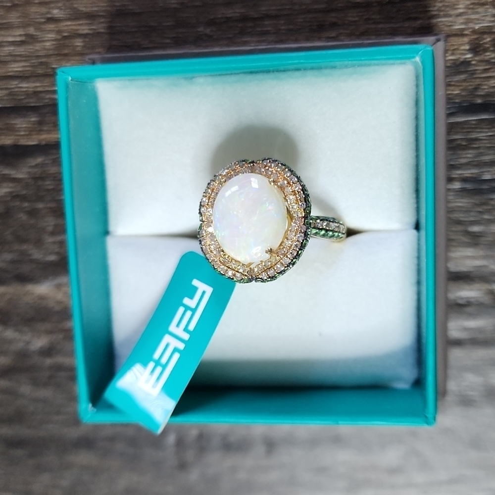 14k yellow gold diamond,opal tsavorite ring